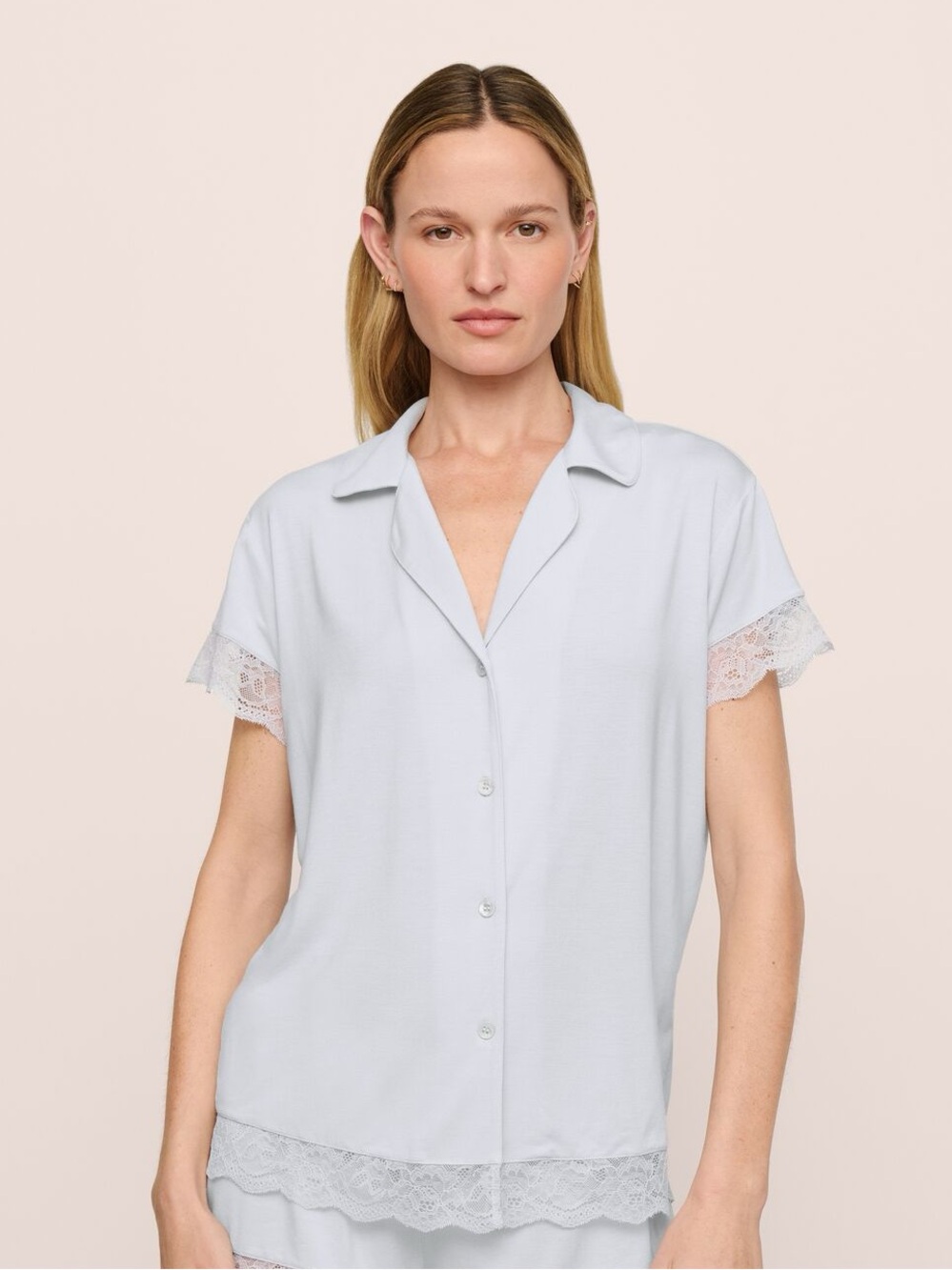 Eberjey Malou TENCEL Modal Short Sleeve Lace Button Front PJ Top Ice Blue Sz M